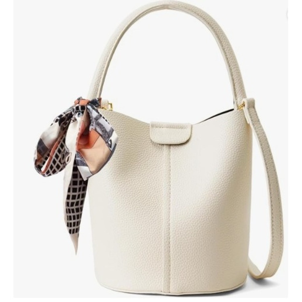 Bucket Bag Mini Crossbody Vegan Leather Removable Straps Scarf Small Cream White